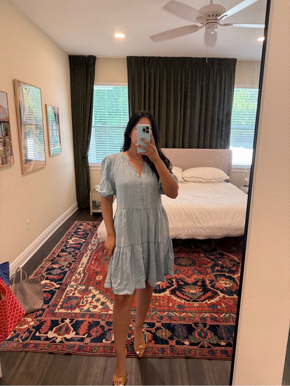 Light Blue Tiered Babydoll Mini Dress – Puff Sleeve Casual Cottagecore Dress